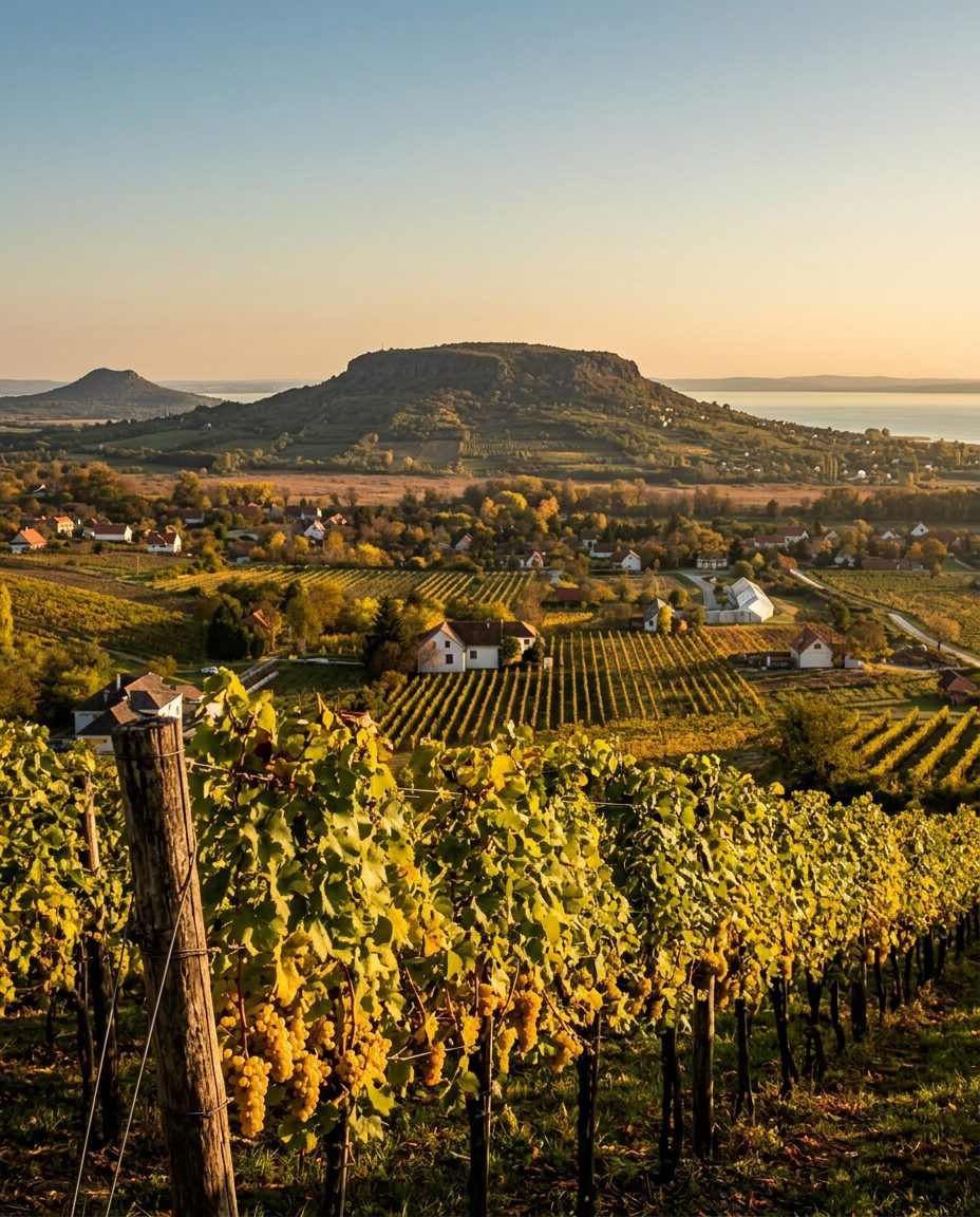 A Badacsony bazalthegye szőlősorokkal és balatoni panorámával