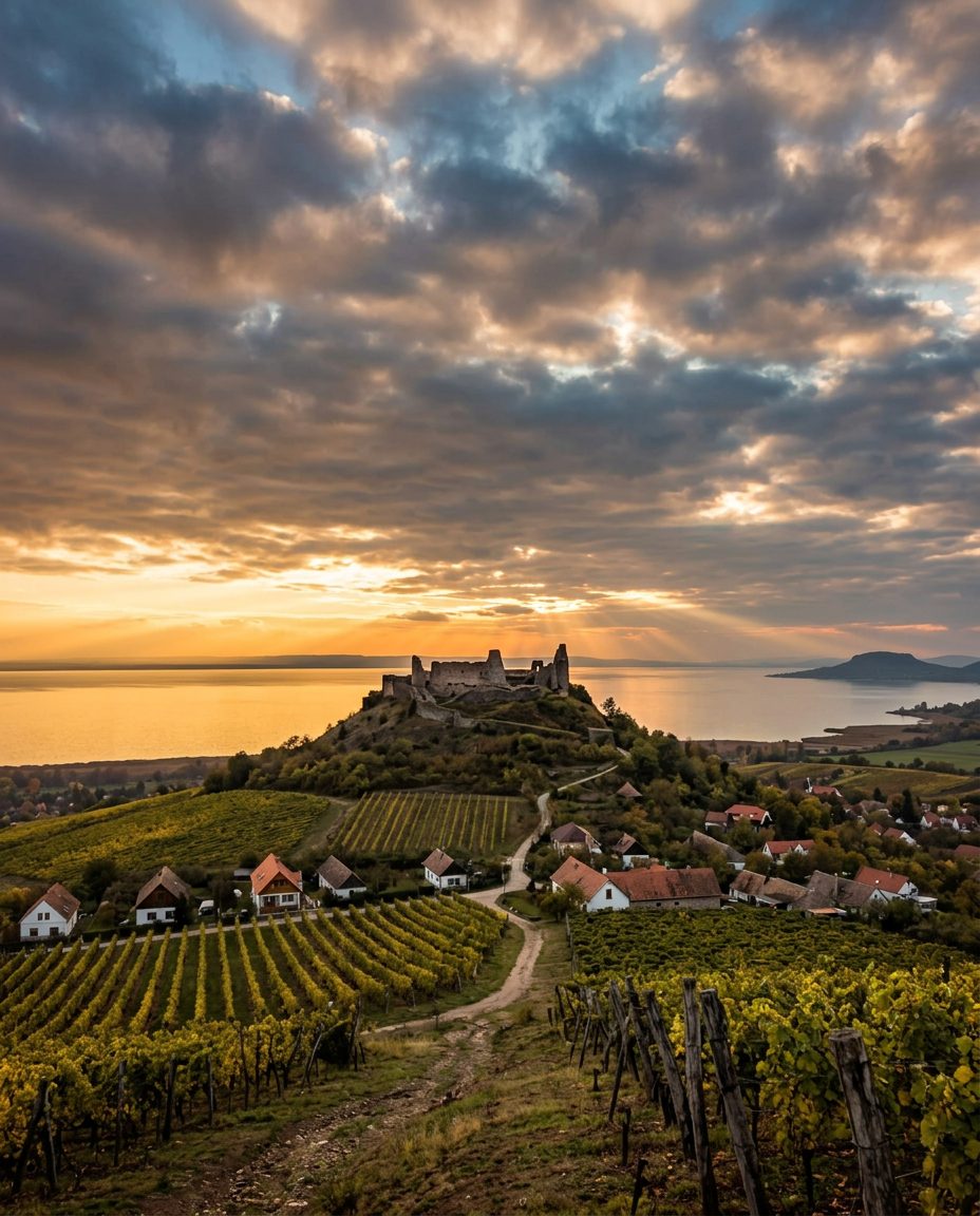 A szigligeti várrom a szőlőhegyek és a Balaton fölött