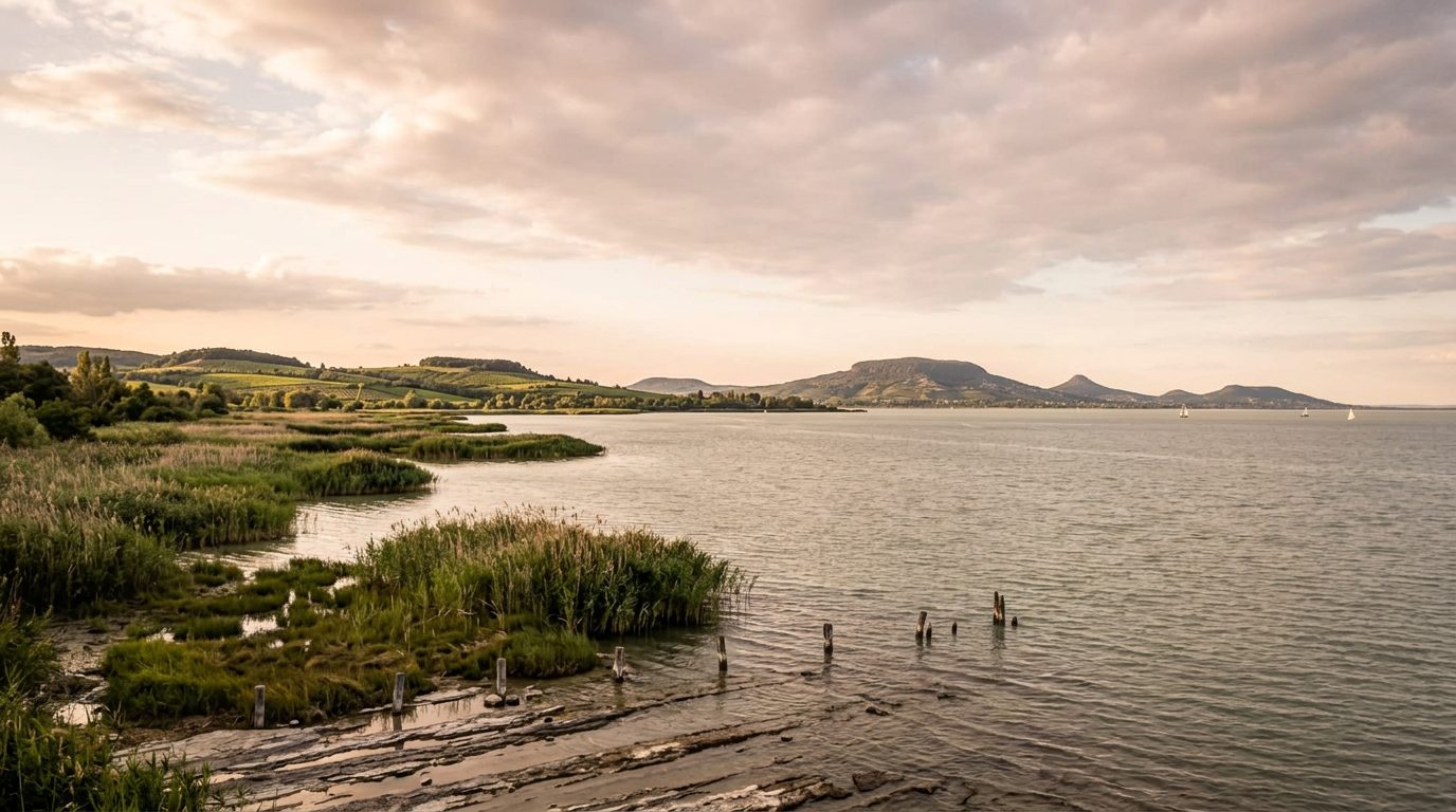 A Balaton nádas partja és a távoli tanúhegyek lágy délutáni fényben