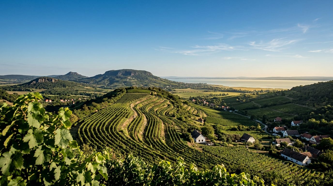 Hullámzó szőlősorok, balatoni tanúhegyek és a tó panorámája