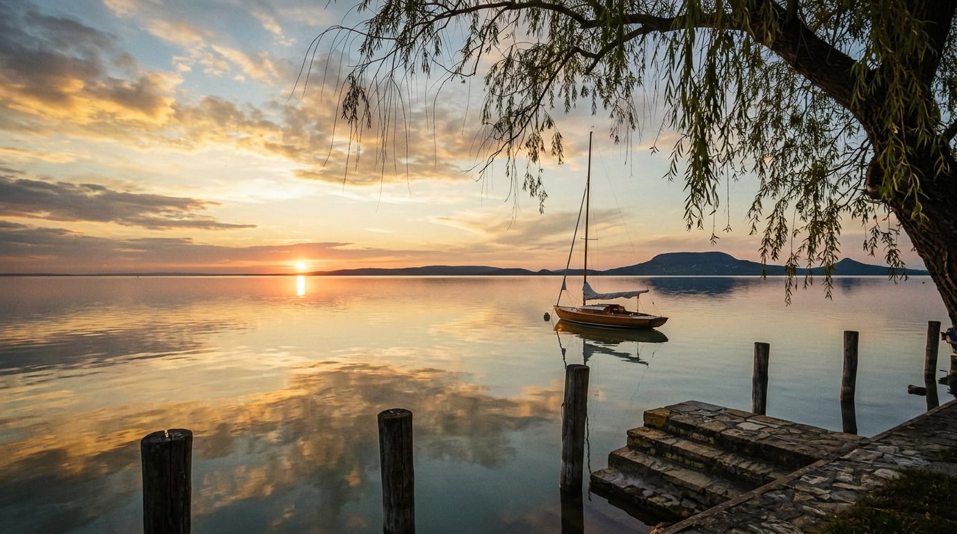 Magányos vitorlás a csendes Balatonon naplementében