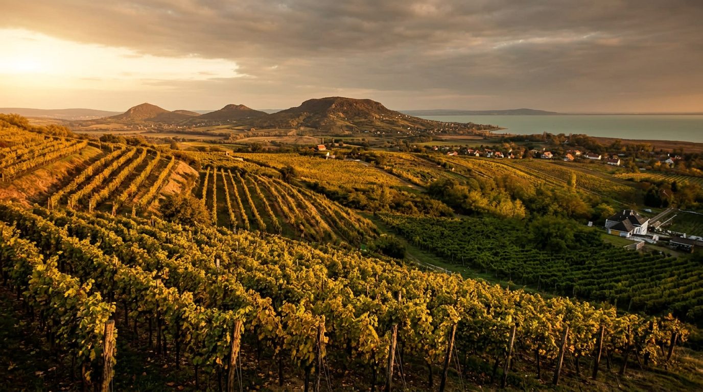 Érett szőlősorok a Balaton-felvidéken meleg őszi fényben